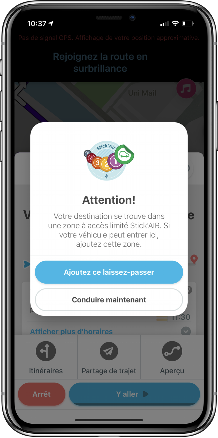 Waze alert: destination in a Stick'AIR limited-access zone