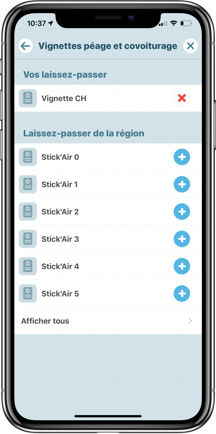 'Toll and carpool stickers' list with Stick'AIR categories 0 to 5