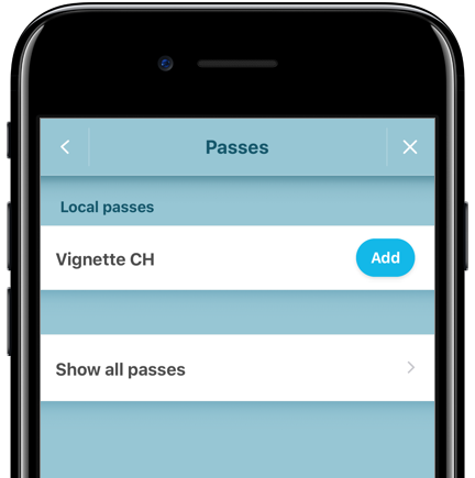 Waze 'Passes' screen with the Vignette CH option to add