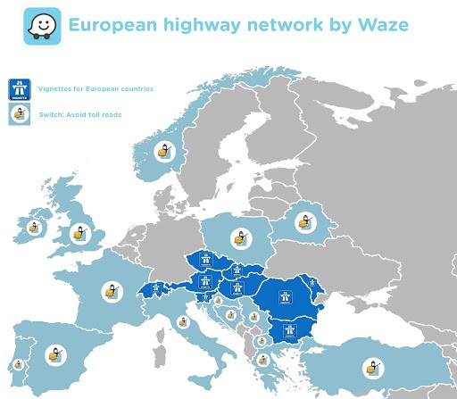 Map of the European motorway network in Waze: vignette countries and toll countries